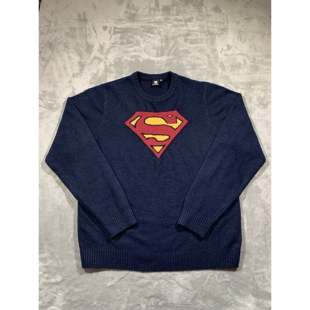 Lucky Brand x Superman Crewneck Knit Sweater Size L Navy Blue Ribbed Comics DC